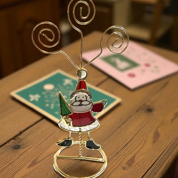 CHRISTMAS CARD DISPLAY -- Staind Glass Santa, Shows 3 Xmas Cards, In-Box, Unused - Picture 1 of 8